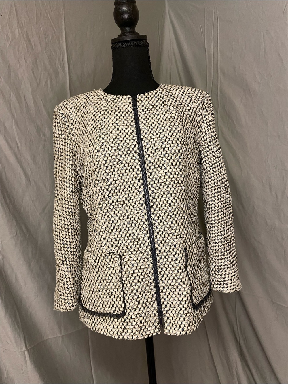 Lafayette 148 New York Cream and Blue Tweed Collarless Jacket